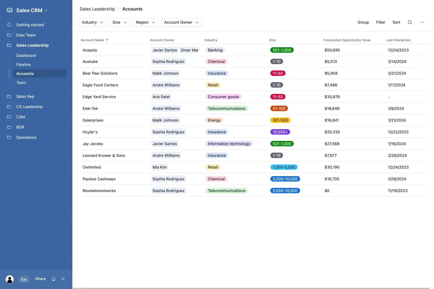 Interface Airtable : liste de comptes dans une app Interfaces, segments en pastilles colorées