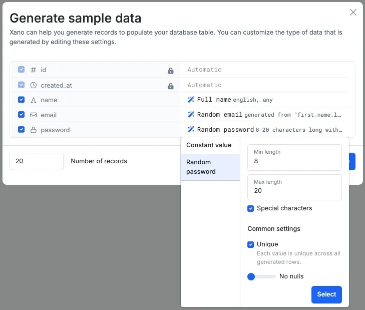Interface Xano : la génération d'enregistrements de test sur une table